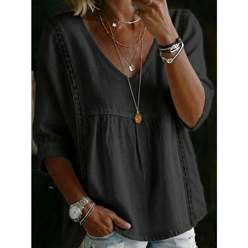 👚 -50% MAINTENANT ! 🕊️ Haut décontracté femme à encolure en V et dentelle – Taille empire, léger & manches 3/4 – Tombant fluide, respirant & romantique ✨