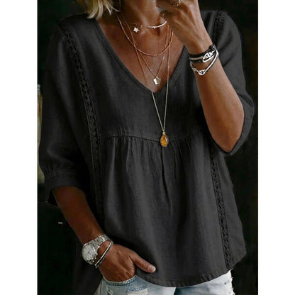 👚 -50% MAINTENANT ! 🕊️ Haut décontracté femme à encolure en V et dentelle – Taille empire, léger & manches 3/4 – Tombant fluide, respirant & romantique ✨