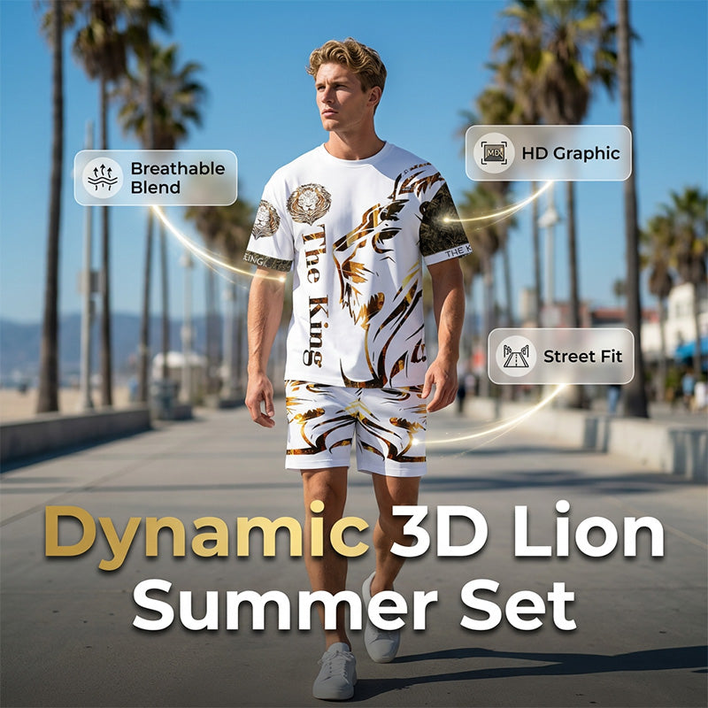 🦁🔥 PROMO FLASH 50% ! Ensemble Graphique Lion Homme – T-shirt + Short, Respirant, Streetwear Urbain, Tailles S-4XL, Idéal Été 😎
