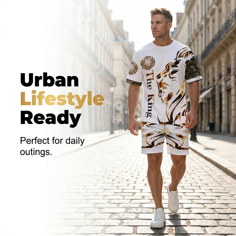 🦁🔥 PROMO FLASH 50% ! Ensemble Graphique Lion Homme – T-shirt + Short, Respirant, Streetwear Urbain, Tailles S-4XL, Idéal Été 😎