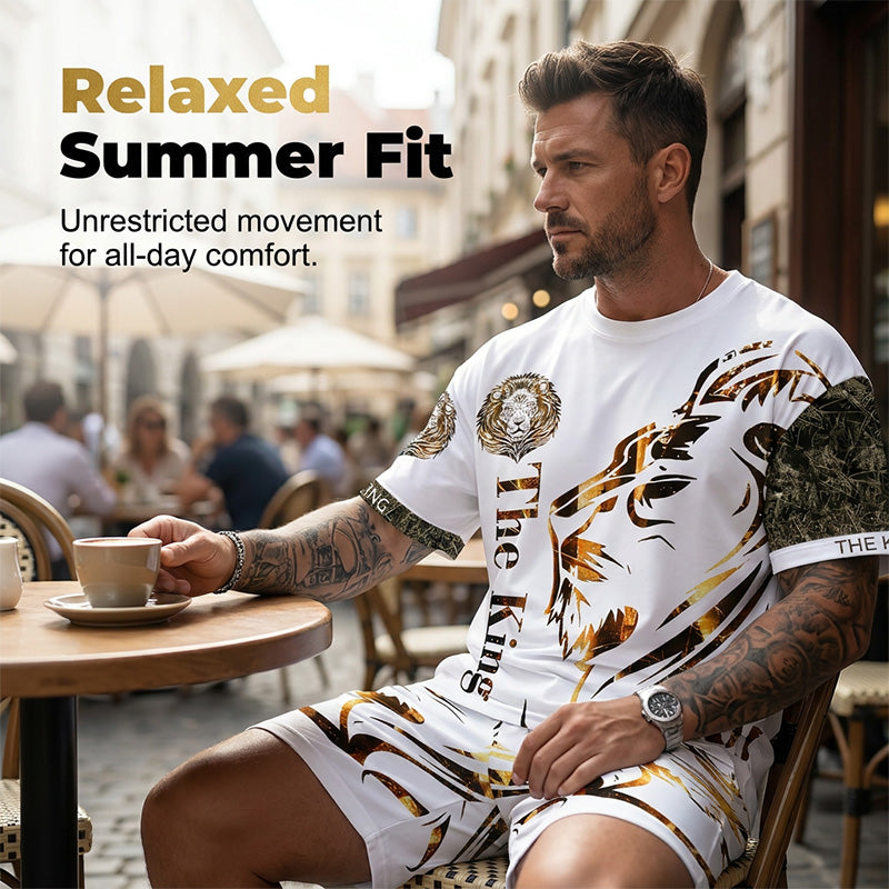🦁🔥 PROMO FLASH 50% ! Ensemble Graphique Lion Homme – T-shirt + Short, Respirant, Streetwear Urbain, Tailles S-4XL, Idéal Été 😎