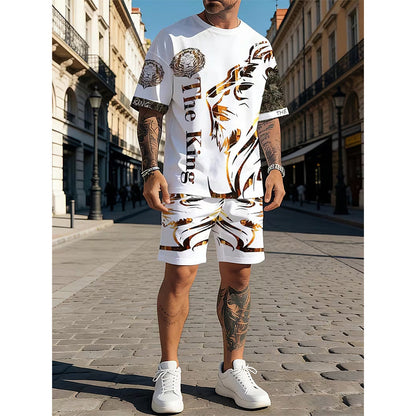 🦁🔥 PROMO FLASH 50% ! Ensemble Graphique Lion Homme – T-shirt + Short, Respirant, Streetwear Urbain, Tailles S-4XL, Idéal Été 😎