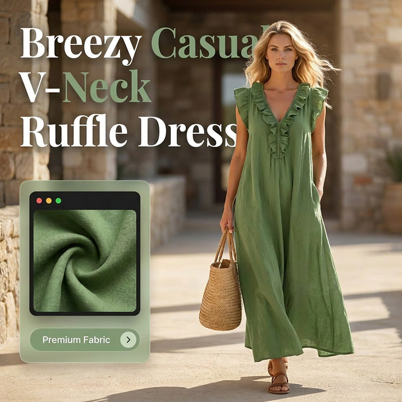 ✨Robe décontractée sans manches à col en V et volants pour femme