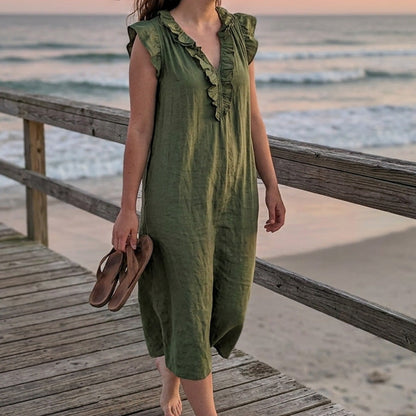 ✨Robe décontractée sans manches à col en V et volants pour femme