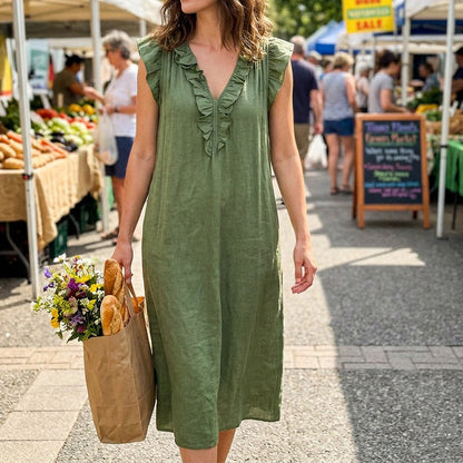 ✨Robe décontractée sans manches à col en V et volants pour femme