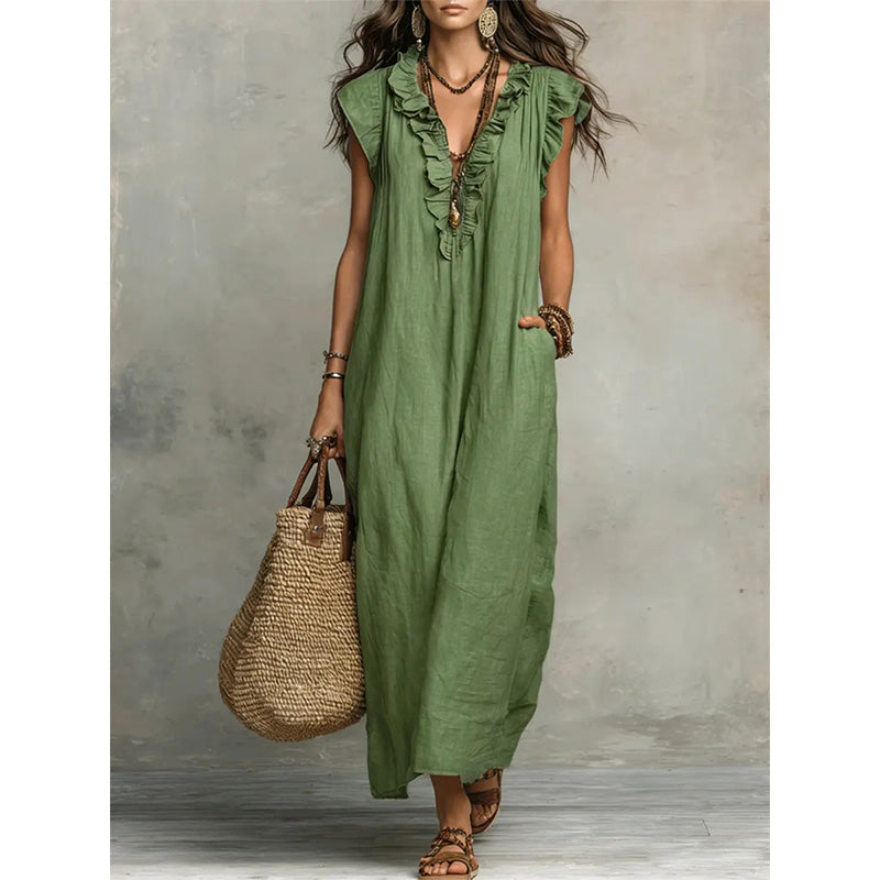 ✨Robe décontractée sans manches à col en V et volants pour femme