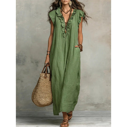 ✨Robe décontractée sans manches à col en V et volants pour femme
