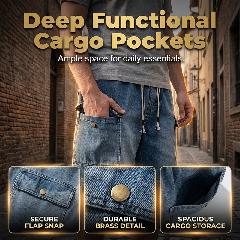 🩳 45% DE RÉDUCTION ✨ Short en jean cargo pour homme – Poches cargo, cordon de serrage & style streetwear tendance – Parfait pour l’été, les festivals ou un look urbain décontracté 🏙️