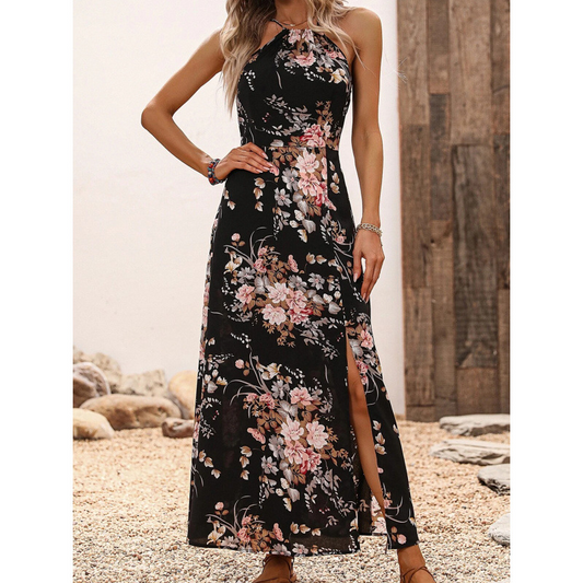 🌸 Robe Halter Florale avec Fente Latérale – Élégante & Polyvalente ✨ | Noir, Marron, Bleu | S-2XL