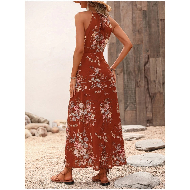 🌸 Robe Halter Florale avec Fente Latérale – Élégante & Polyvalente ✨ | Noir, Marron, Bleu | S-2XL