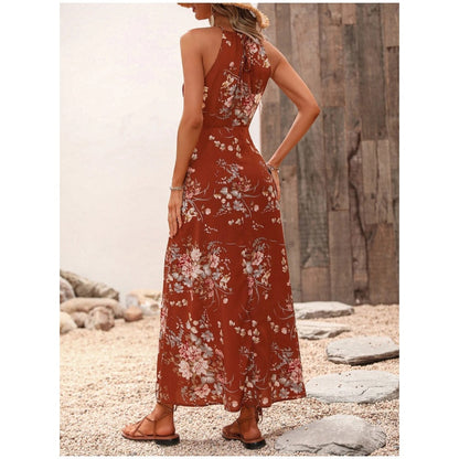 🌸 Robe Halter Florale avec Fente Latérale – Élégante & Polyvalente ✨ | Noir, Marron, Bleu | S-2XL