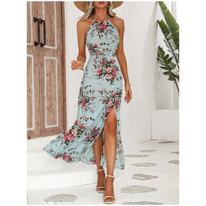 🌸 Robe Halter Florale avec Fente Latérale – Élégante & Polyvalente ✨ | Noir, Marron, Bleu | S-2XL
