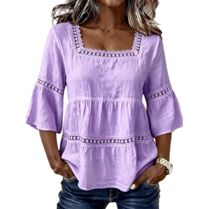 🌸💥 PROMO FLASH 50% ! Blouse Boho Col Carré – Dentelle Crochet, Manches Cloche, Respirante, 8 Couleurs, Tailles S-3XL, Idéale Été & Bohème ✨