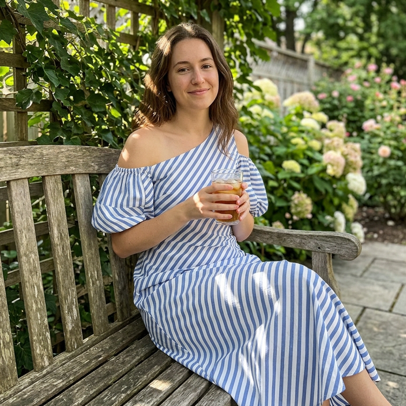 👗 50 % DE RÉDUCTION POUR UNE DURÉE LIMITÉE ! ✨ Robe à rayures et épaules dénudées pour femme – Élégante, fluide, chic et estivale 🌊