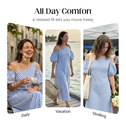 👗 50 % DE RÉDUCTION POUR UNE DURÉE LIMITÉE ! ✨ Robe à rayures et épaules dénudées pour femme – Élégante, fluide, chic et estivale 🌊