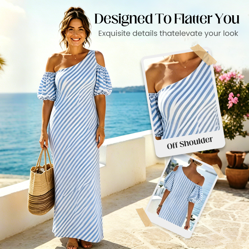 👗 50 % DE RÉDUCTION POUR UNE DURÉE LIMITÉE ! ✨ Robe à rayures et épaules dénudées pour femme – Élégante, fluide, chic et estivale 🌊
