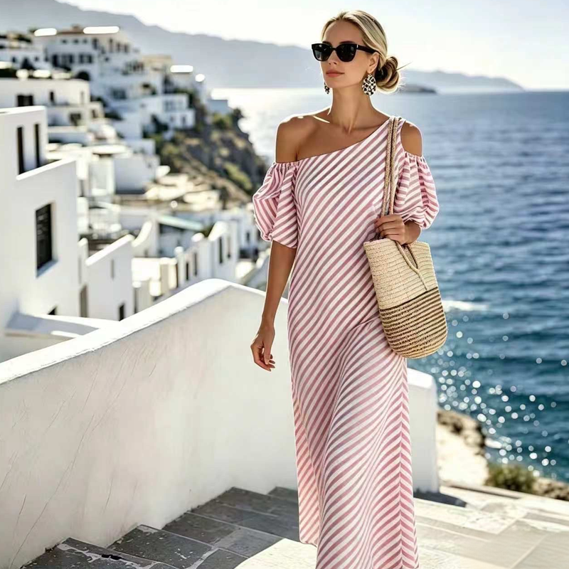 👗 50 % DE RÉDUCTION POUR UNE DURÉE LIMITÉE ! ✨ Robe à rayures et épaules dénudées pour femme – Élégante, fluide, chic et estivale 🌊