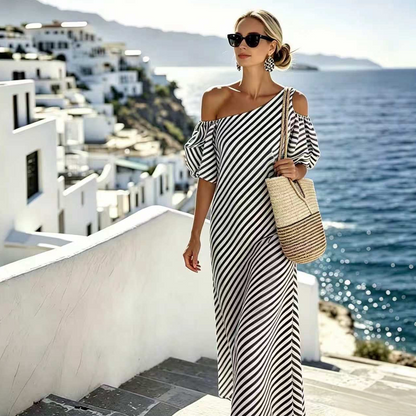 👗 50 % DE RÉDUCTION POUR UNE DURÉE LIMITÉE ! ✨ Robe à rayures et épaules dénudées pour femme – Élégante, fluide, chic et estivale 🌊