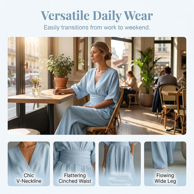 Combinaison ample à taille haute et encolure en V pour femme