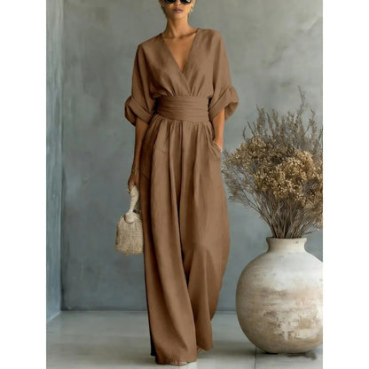 Combinaison ample à taille haute et encolure en V pour femme