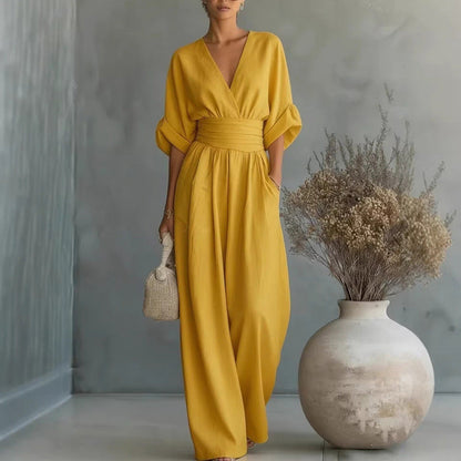Combinaison ample à taille haute et encolure en V pour femme