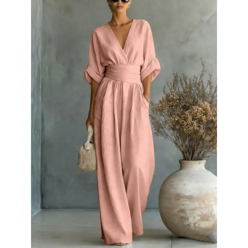 Combinaison ample à taille haute et encolure en V pour femme