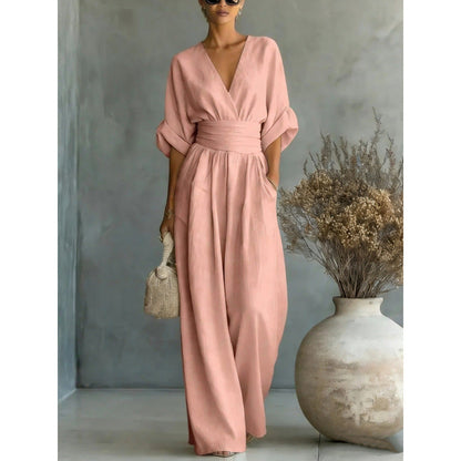 Combinaison ample à taille haute et encolure en V pour femme