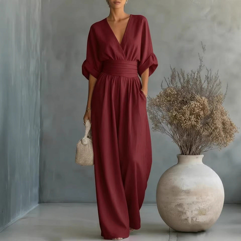 Combinaison ample à taille haute et encolure en V pour femme