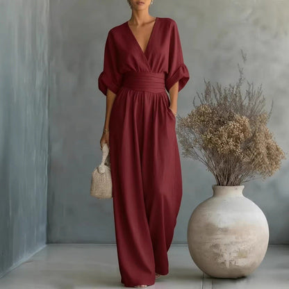 Combinaison ample à taille haute et encolure en V pour femme