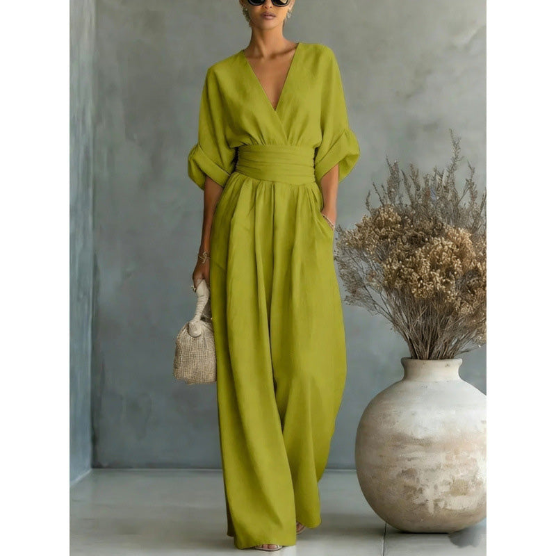 Combinaison ample à taille haute et encolure en V pour femme
