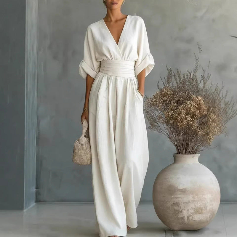 Combinaison ample à taille haute et encolure en V pour femme