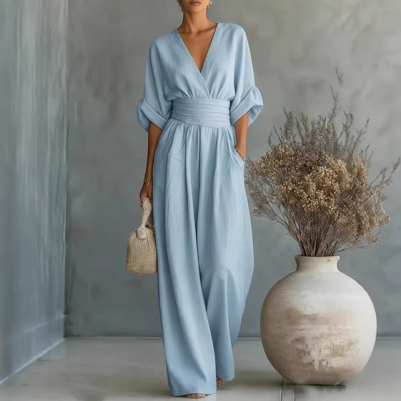 Combinaison ample à taille haute et encolure en V pour femme
