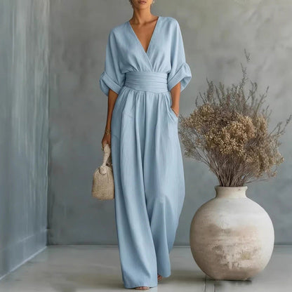 Combinaison ample à taille haute et encolure en V pour femme