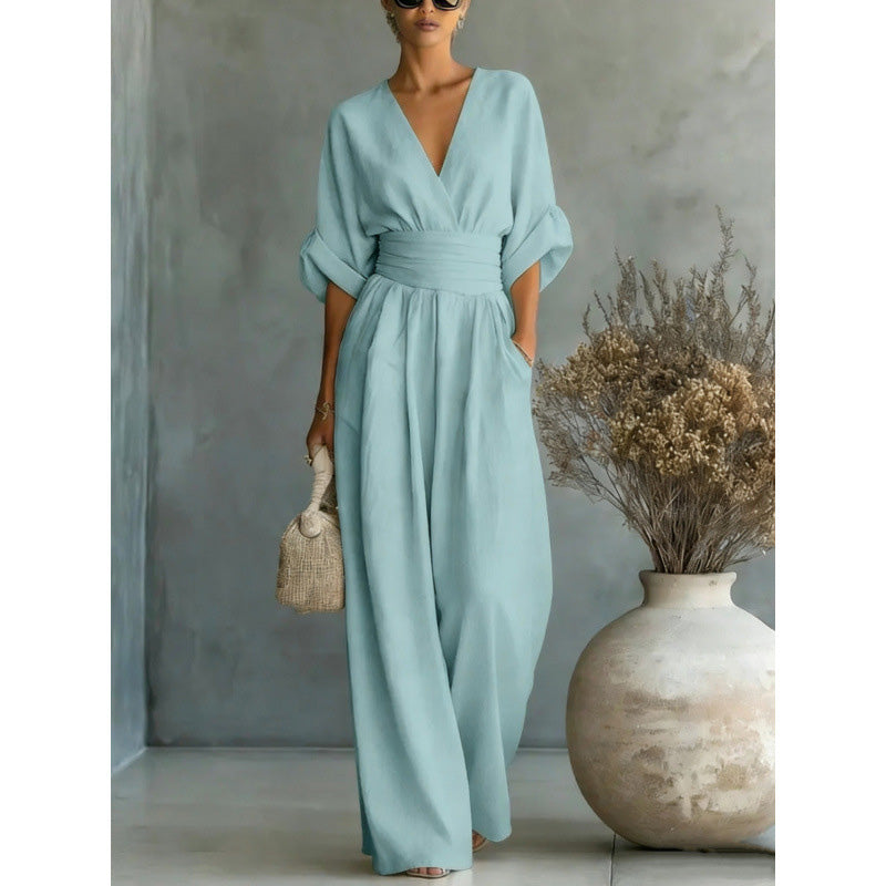 Combinaison ample à taille haute et encolure en V pour femme