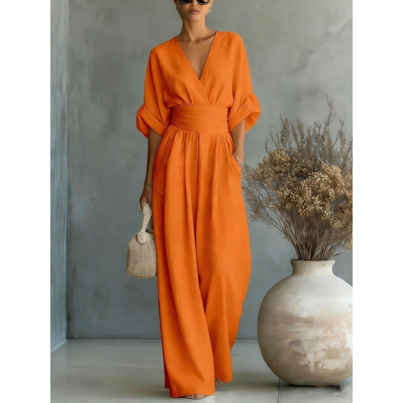 Combinaison ample à taille haute et encolure en V pour femme