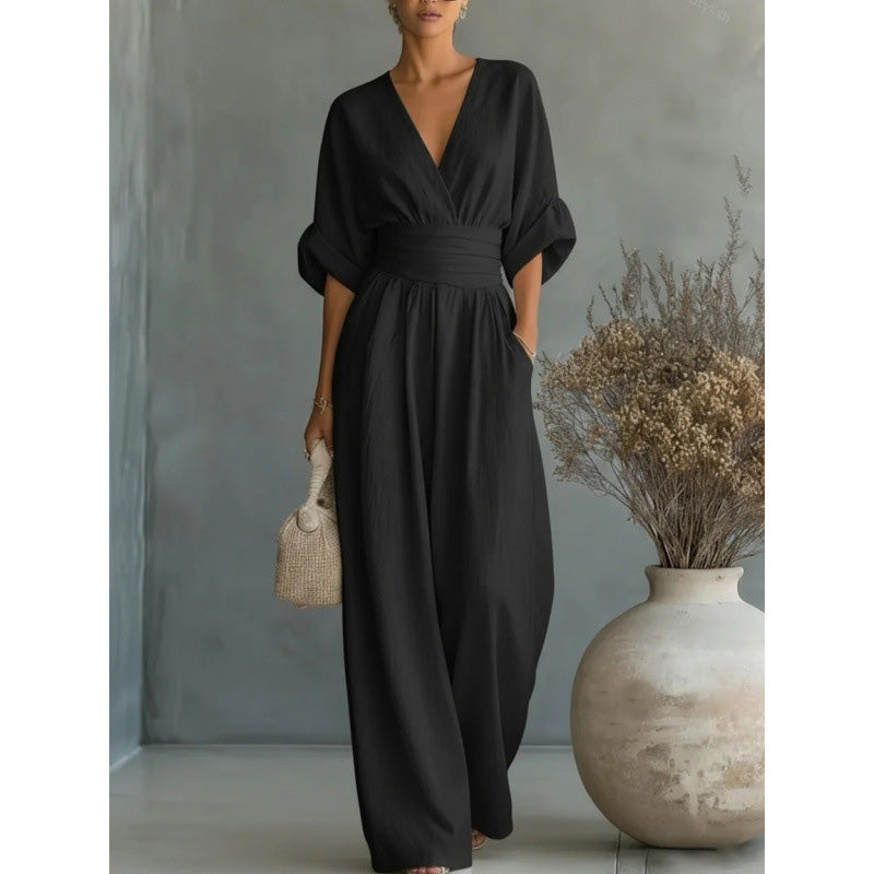 Combinaison ample à taille haute et encolure en V pour femme