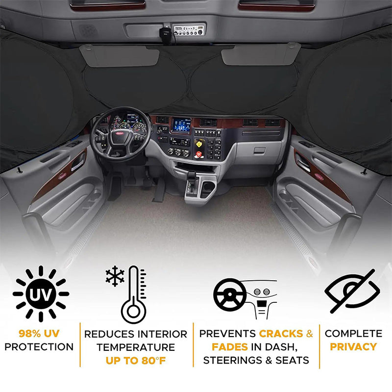 📢📢50 % DE RÉDUCTION !! ⏰Pare-soleil de pare-brise pour camion avec protection UV – Robuste et réfléchissant la chaleur – Convient aux grands pare-brise, réduit la chaleur intérieure – protège le tableau de bord et les sièges, rangement pliable 🛡️