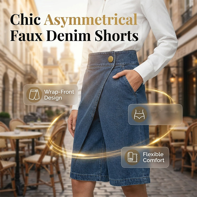 👖 PROMO LIMITÉE 50% DE RÉDUCTION ! 💥 Short Asymétrique Jambes Larges – Imitation Jean, Taille Mi-Haute, Ourlet Irrégulier ✨