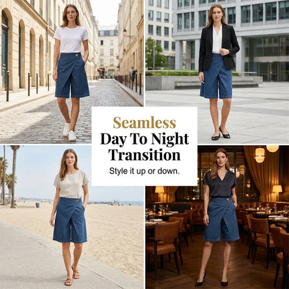 👖 PROMO LIMITÉE 50% DE RÉDUCTION ! 💥 Short Asymétrique Jambes Larges – Imitation Jean, Taille Mi-Haute, Ourlet Irrégulier ✨
