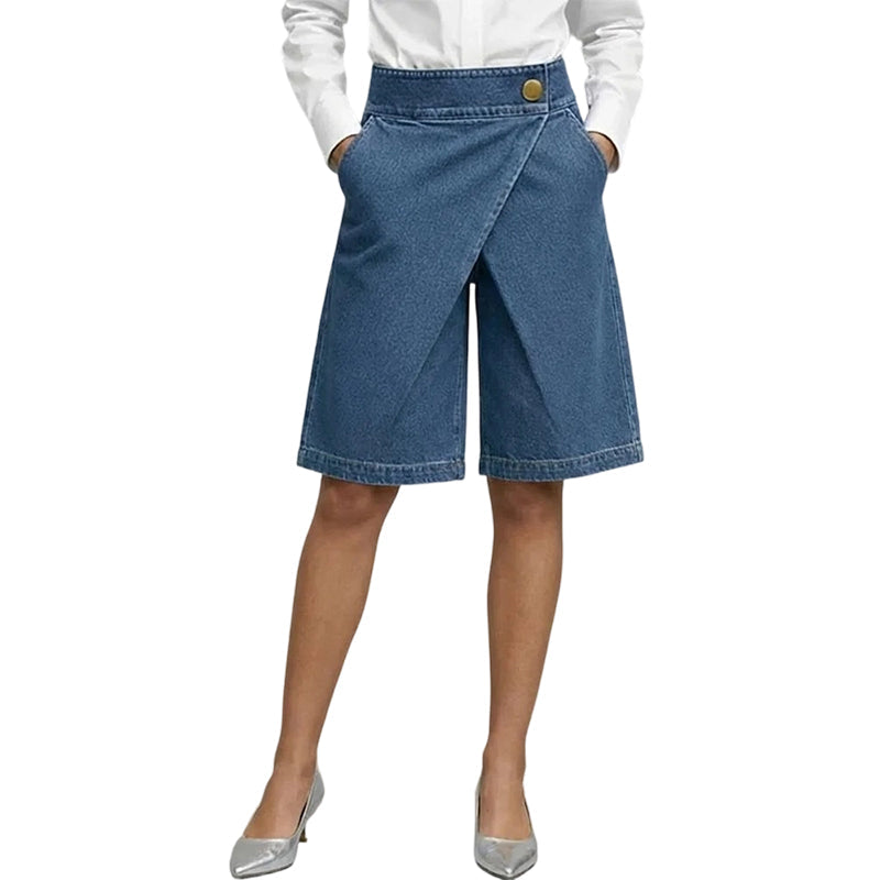 👖 PROMO LIMITÉE 50% DE RÉDUCTION ! 💥 Short Asymétrique Jambes Larges – Imitation Jean, Taille Mi-Haute, Ourlet Irrégulier ✨