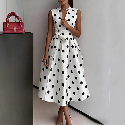 🌸Robe Sans Manches Col V à Pois pour Femme👗