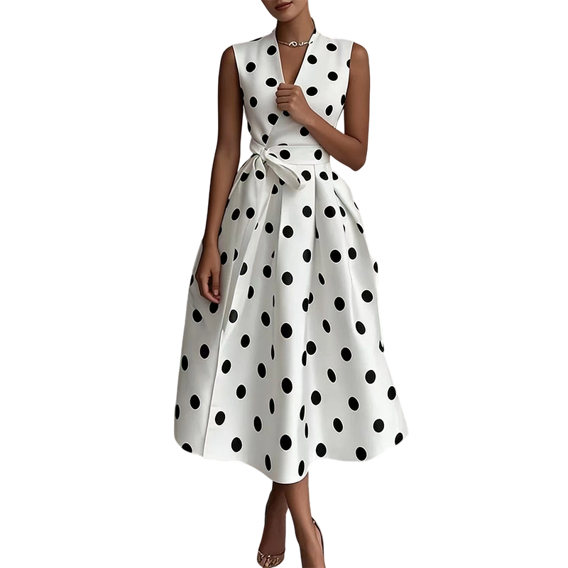 🌸Robe Sans Manches Col V à Pois pour Femme👗