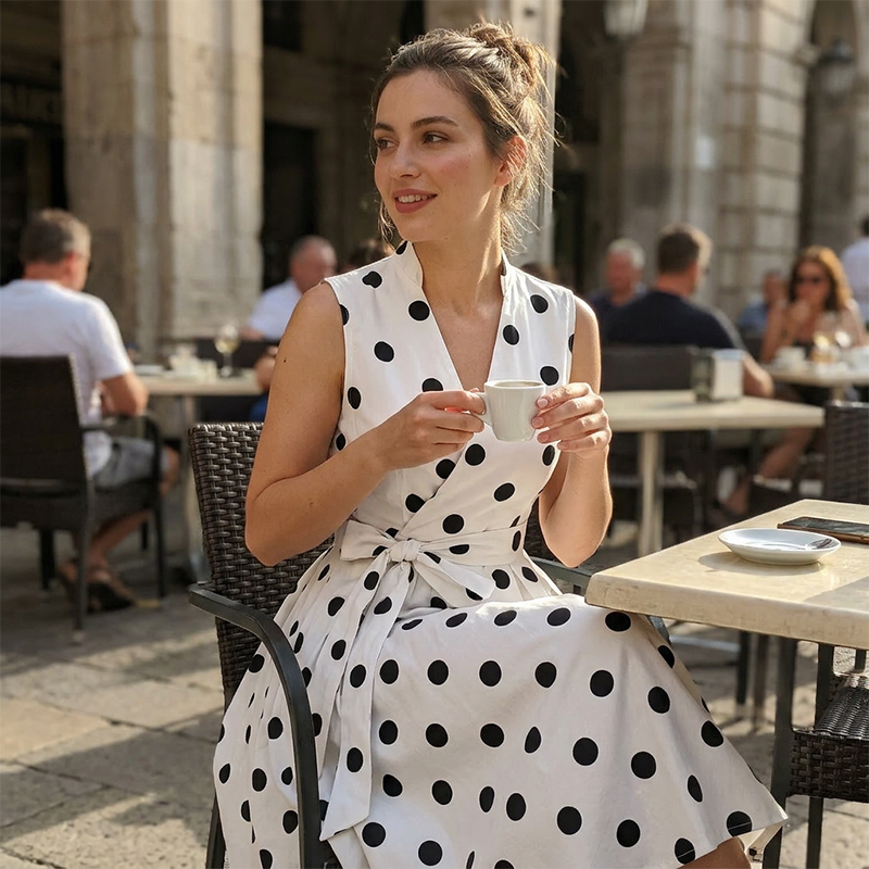 🌸Robe Sans Manches Col V à Pois pour Femme👗