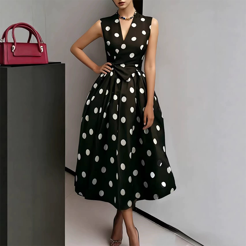 🌸Robe Sans Manches Col V à Pois pour Femme👗