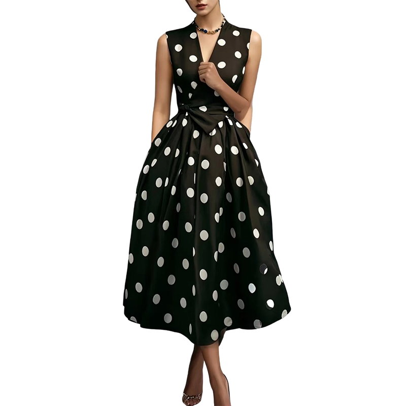 🌸Robe Sans Manches Col V à Pois pour Femme👗