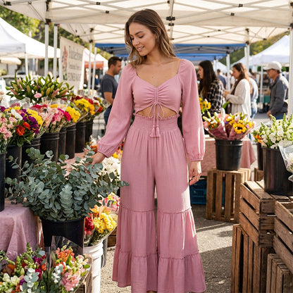 Ensemble Crop Top & Pantalon à Volants Femme 🌸