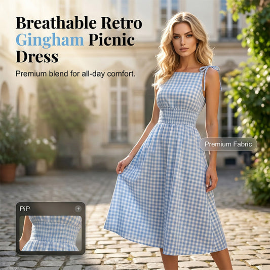 ☀️🔥Robe longue rétro à carreaux vichy pour femme, avec haut froncé et bretelles