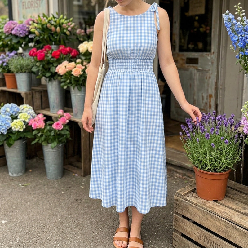 ☀️🔥Robe longue rétro à carreaux vichy pour femme, avec haut froncé et bretelles